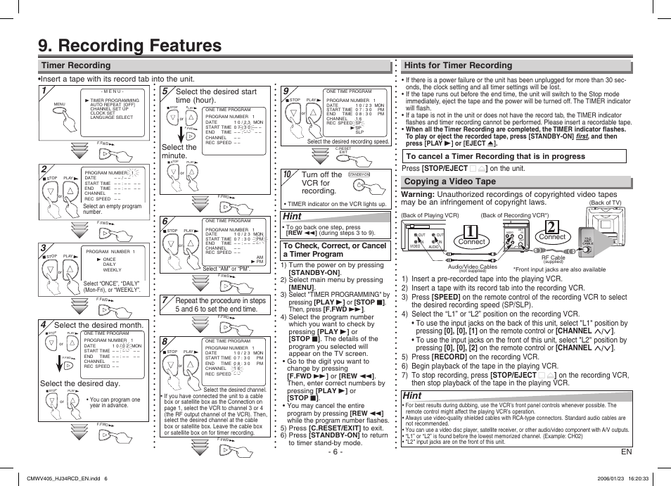 Recording features, Hint | Philips Magnavox CMWV405 User Manual | Page 6 / 8