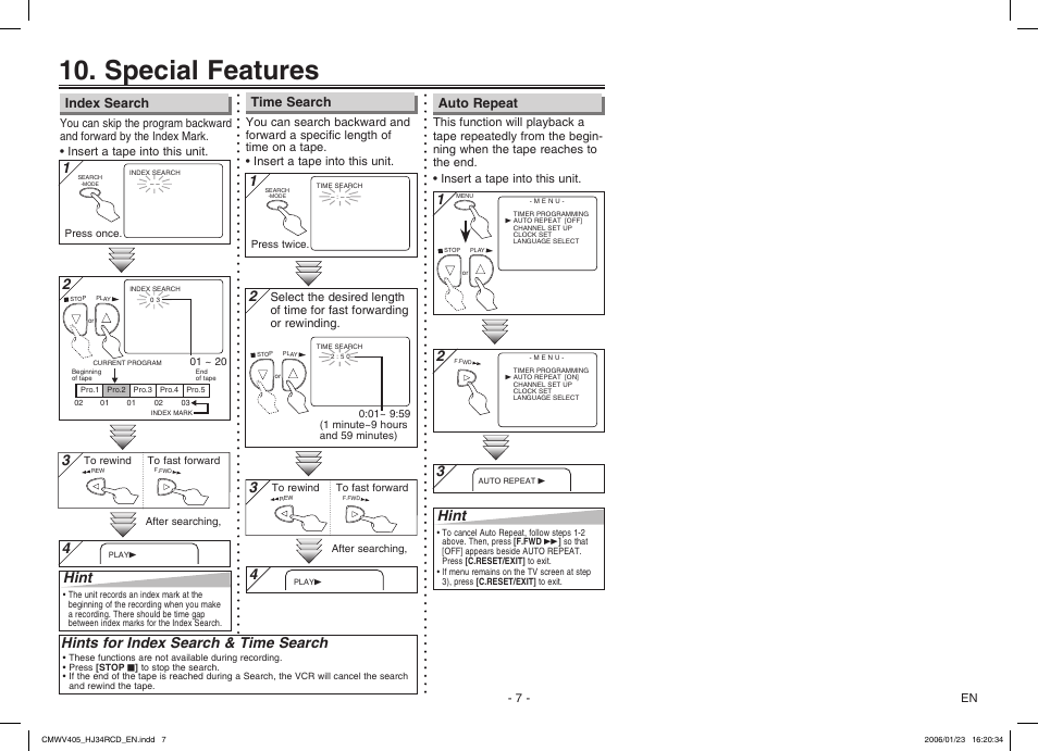 Special features, Hints for index search & time search, Hint | Time search index search auto repeat | Philips Magnavox CMWV405 User Manual | Page 7 / 8