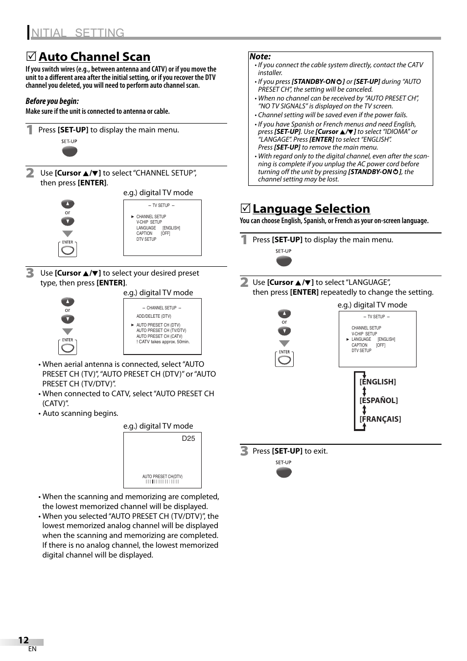 Nitial setting, Auto channel scan, Language selection | Philips Magnavox sdtv CD130MW9 User Manual | Page 12 / 90
