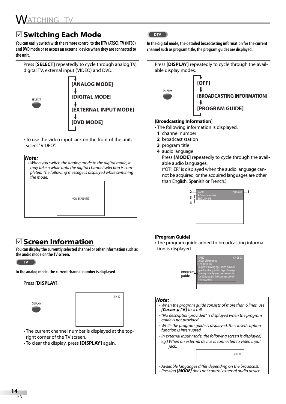 Atching tv, Switching each mode, Screen information | Philips Magnavox sdtv CD130MW9 User Manual | Page 14 / 90