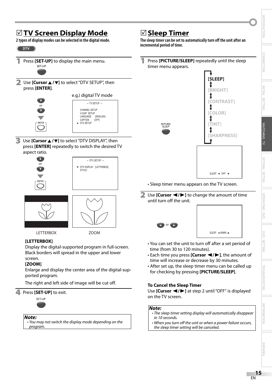 Tv screen display mode, 5sleep timer | Philips Magnavox sdtv CD130MW9 User Manual | Page 15 / 90