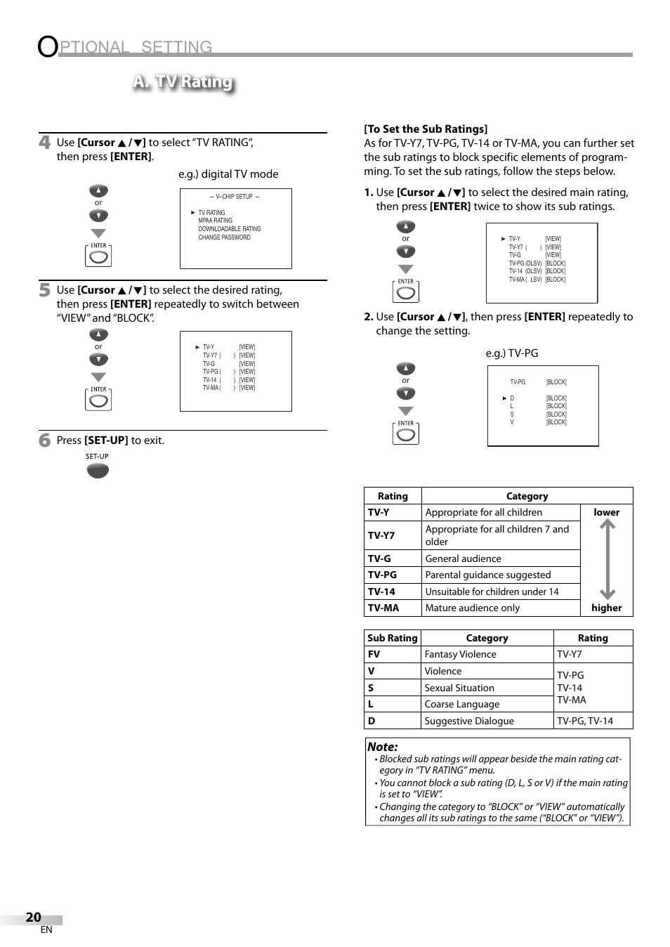 Ptional setting, A. tv rating | Philips Magnavox sdtv CD130MW9 User Manual | Page 20 / 90