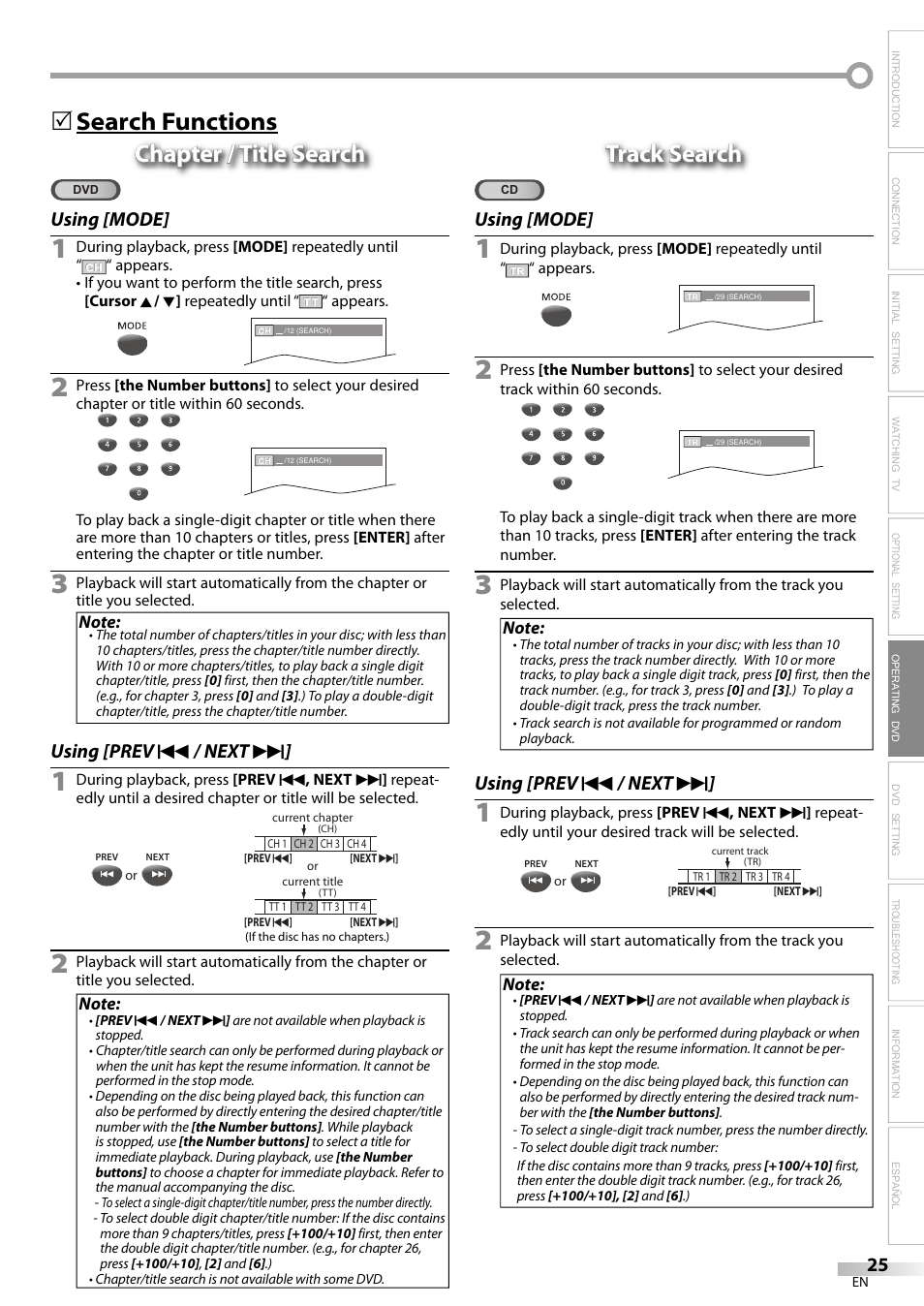 5track search track search, Using [mode, Using [prev h / next g | Philips Magnavox sdtv CD130MW9 User Manual | Page 25 / 90