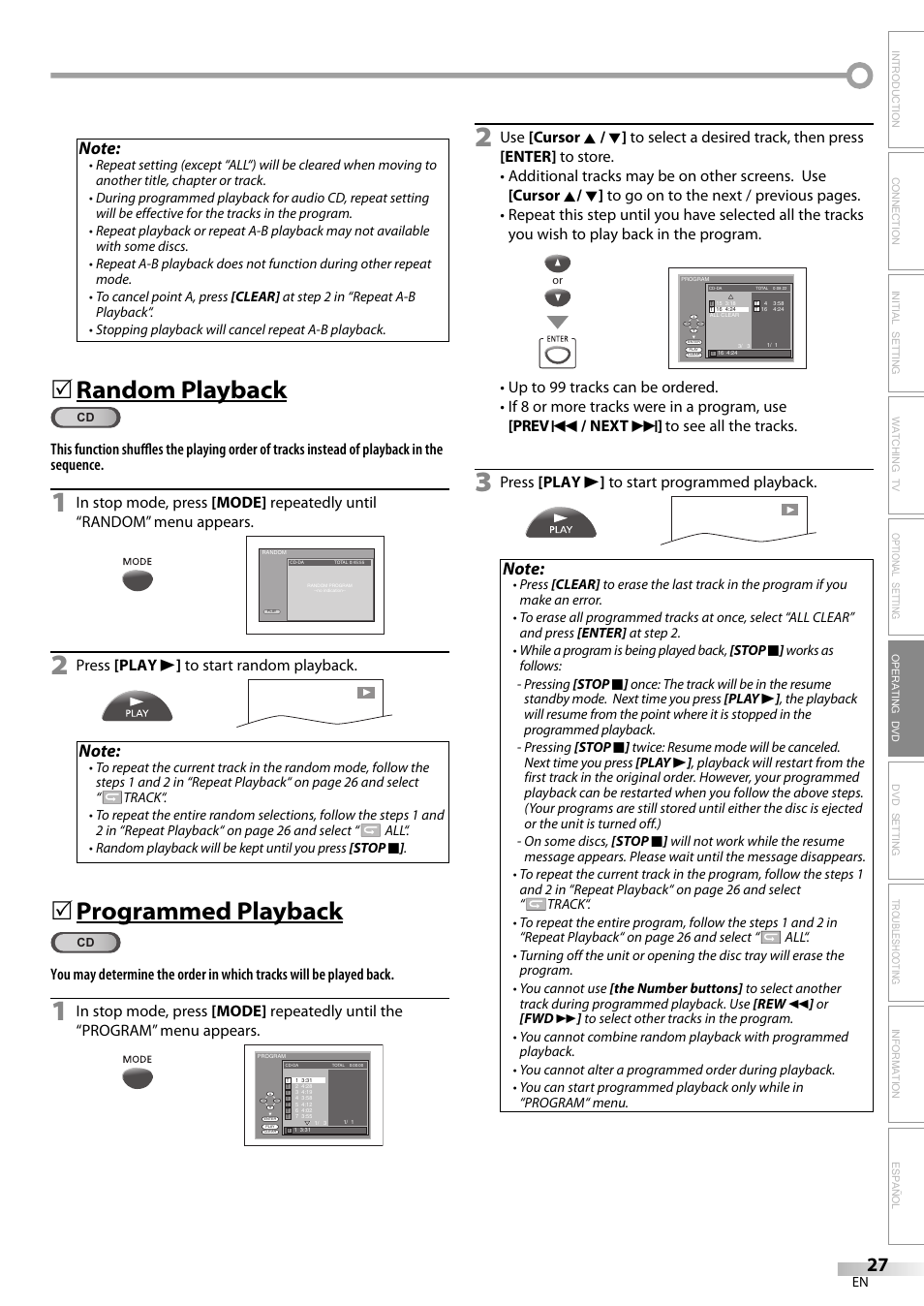 Random playback, Programmed playback, Press [play b ] to start random playback | Press [play b ] to start programmed playback | Philips Magnavox sdtv CD130MW9 User Manual | Page 27 / 90