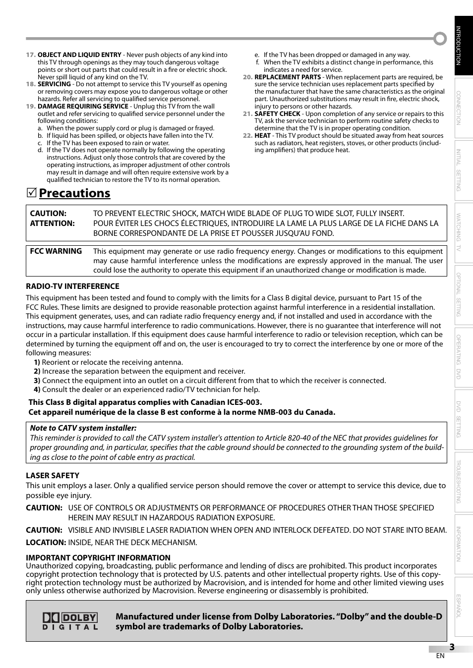 Precautions | Philips Magnavox sdtv CD130MW9 User Manual | Page 3 / 90