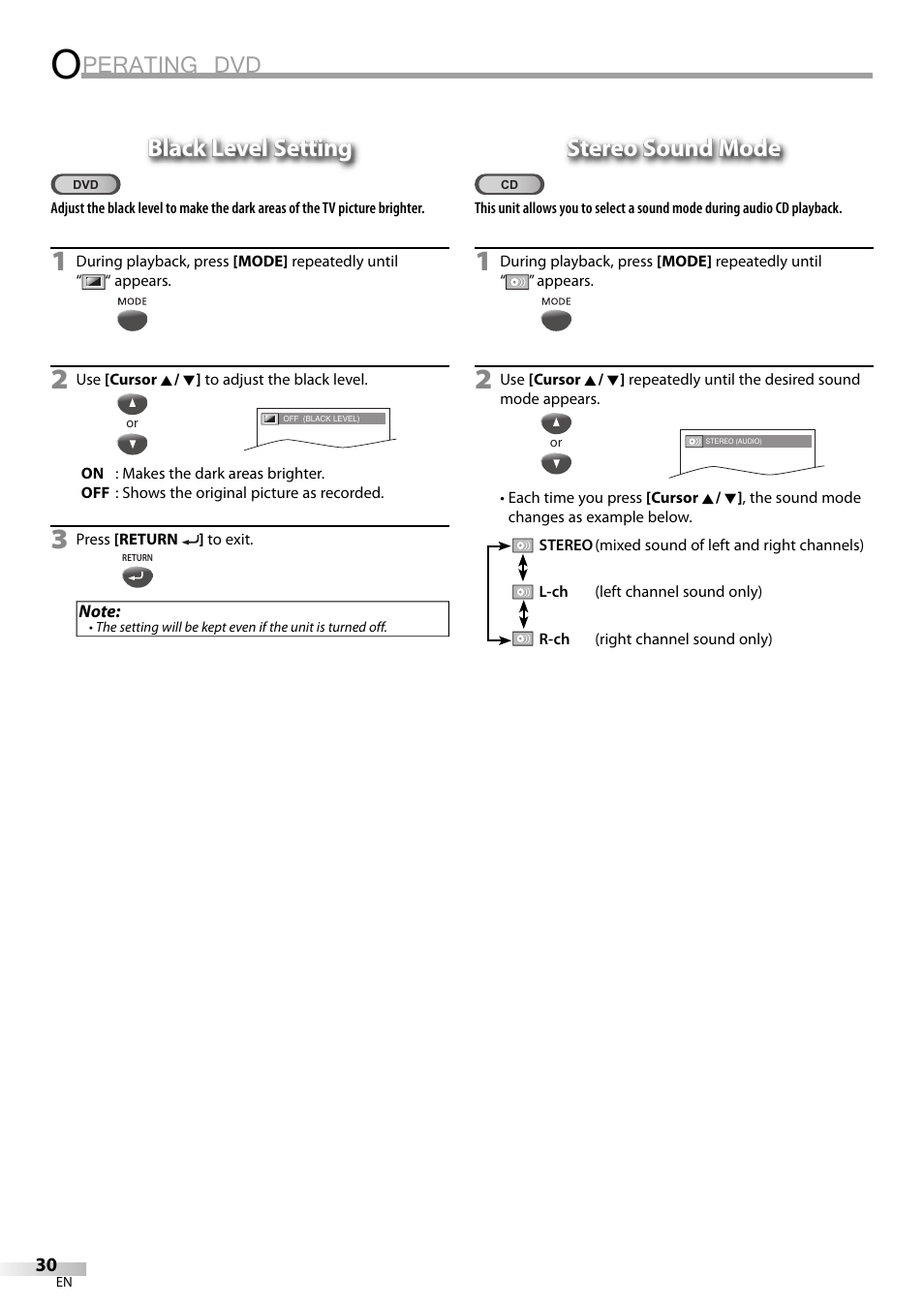 Perating dvd, Black level setting, Stereo sound mode | Philips Magnavox sdtv CD130MW9 User Manual | Page 30 / 90