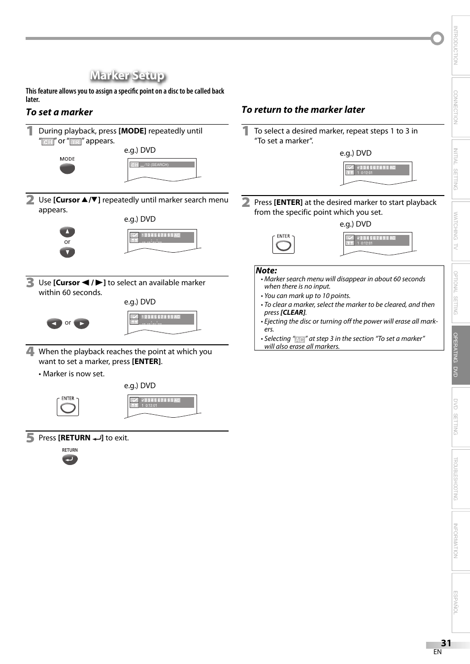 Marker setup | Philips Magnavox sdtv CD130MW9 User Manual | Page 31 / 90