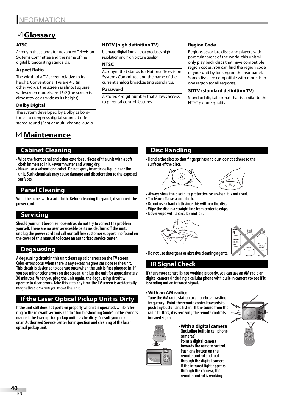 Nformation, Maintenance 5 glossary 5 | Philips Magnavox sdtv CD130MW9 User Manual | Page 40 / 90