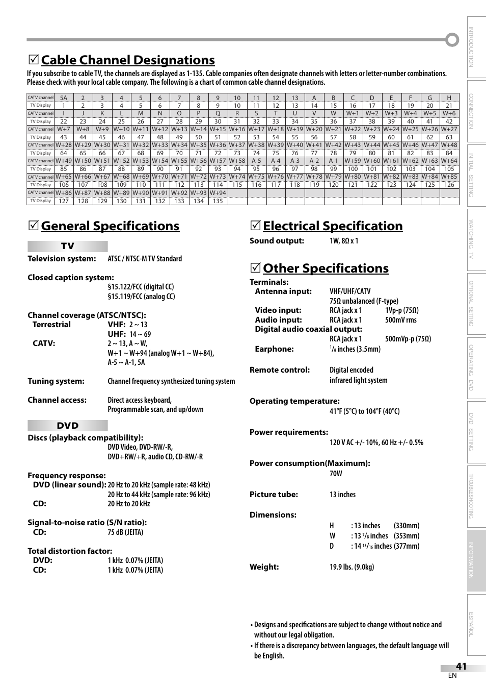 5electrical specification, Other specifications | Philips Magnavox sdtv CD130MW9 User Manual | Page 41 / 90