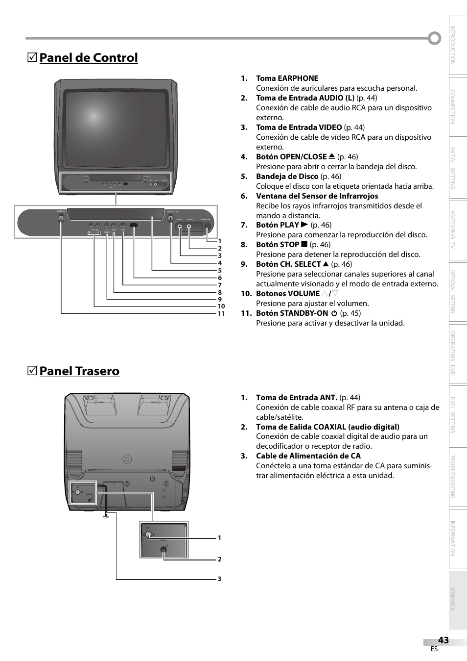 Panel de control 5 panel trasero 5 | Philips Magnavox sdtv CD130MW9 User Manual | Page 43 / 90