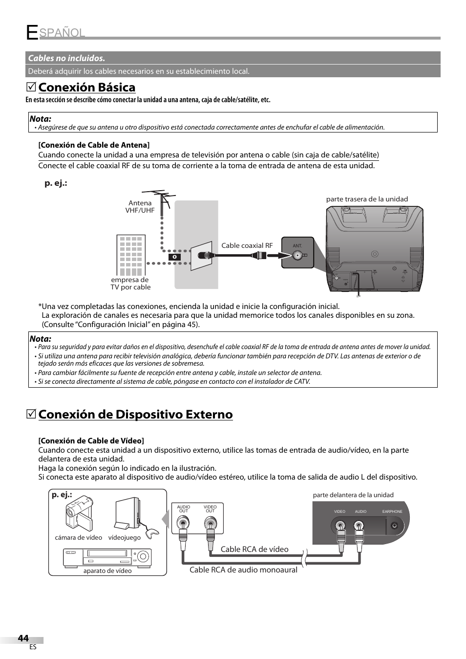 Spañol, Conexión básica, Conexión de dispositivo externo | Philips Magnavox sdtv CD130MW9 User Manual | Page 44 / 90