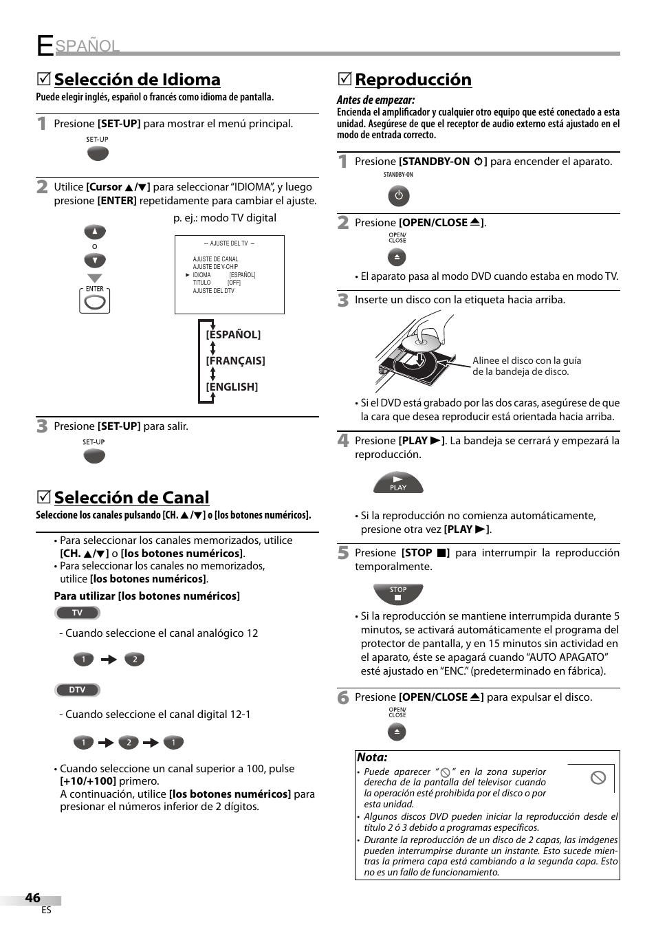 Spañol, Selección de idioma, Selección de canal | 5reproducción | Philips Magnavox sdtv CD130MW9 User Manual | Page 46 / 90