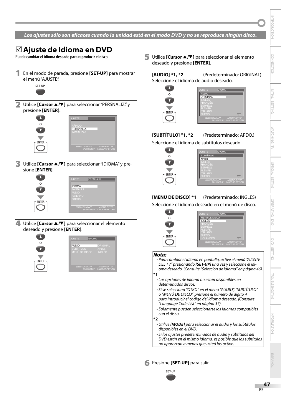 Ajuste de idioma en dvd, Nota, Presione [set-up] para salir | Philips Magnavox sdtv CD130MW9 User Manual | Page 47 / 90