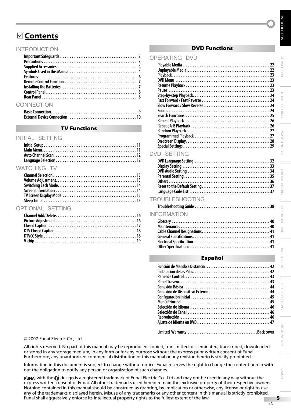Introduction, Connection, Initial setting | Watching tv, Optional setting, Operating dvd, Dvd setting, Troubleshooting, Information, Contents 5 | Philips Magnavox sdtv CD130MW9 User Manual | Page 5 / 90