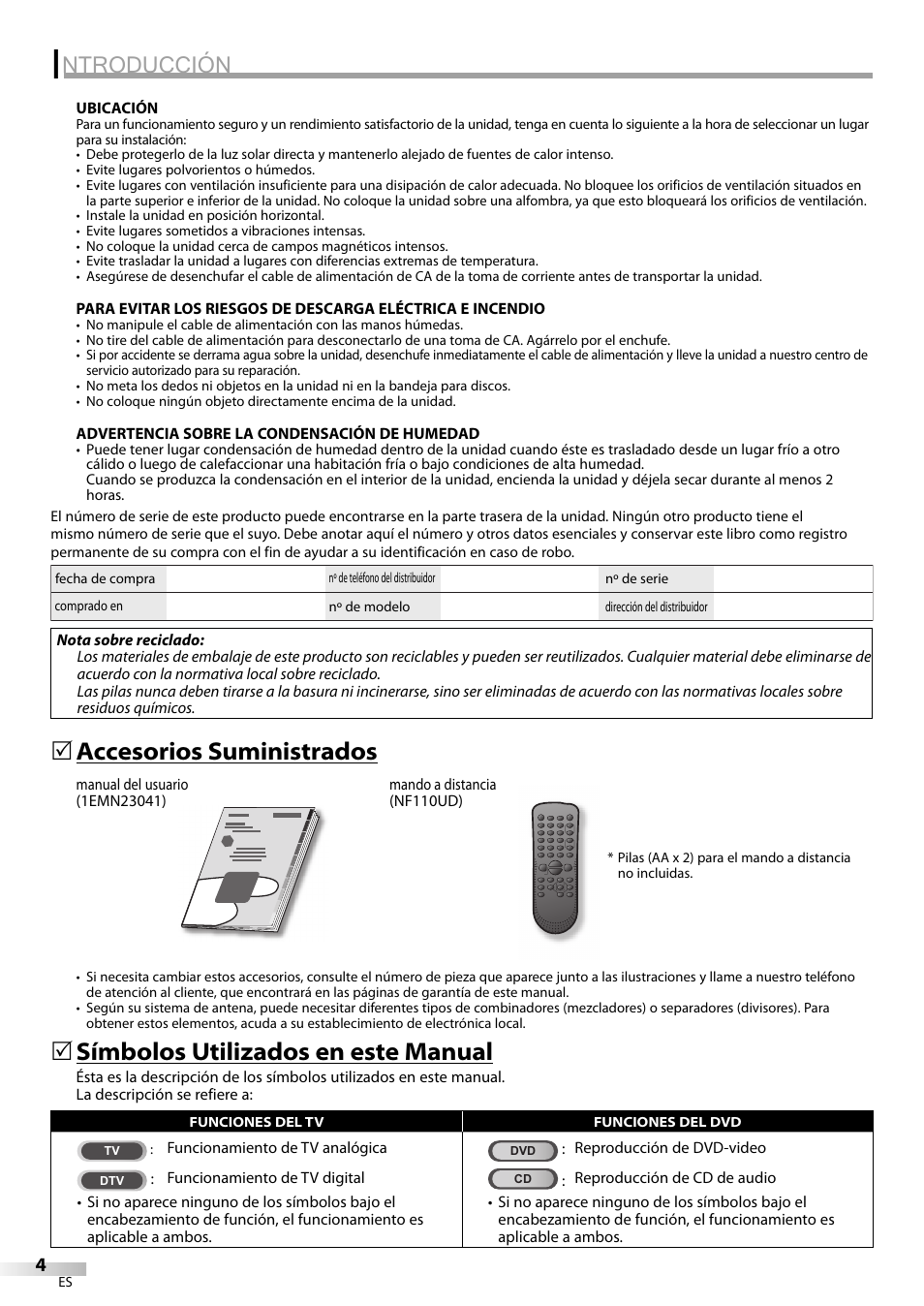 Ntroducción, Accesorios suministrados, Símbolos utilizados en este manual | Philips Magnavox sdtv CD130MW9 User Manual | Page 52 / 90