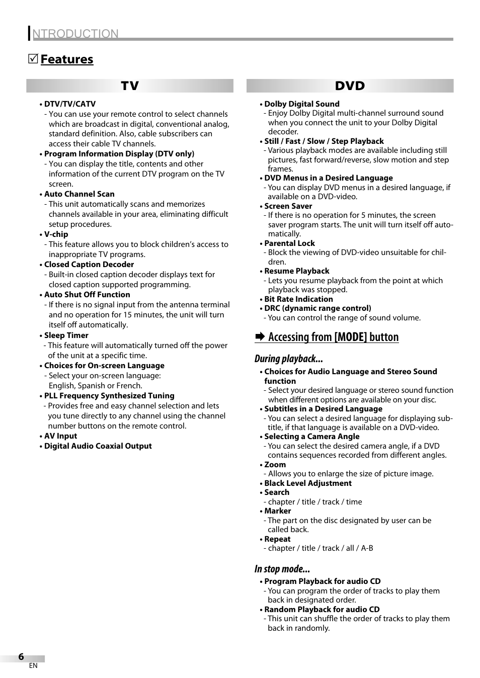Ntroduction, Features 5, Accessing from [mode] button | Tv dvd, During playback | Philips Magnavox sdtv CD130MW9 User Manual | Page 6 / 90