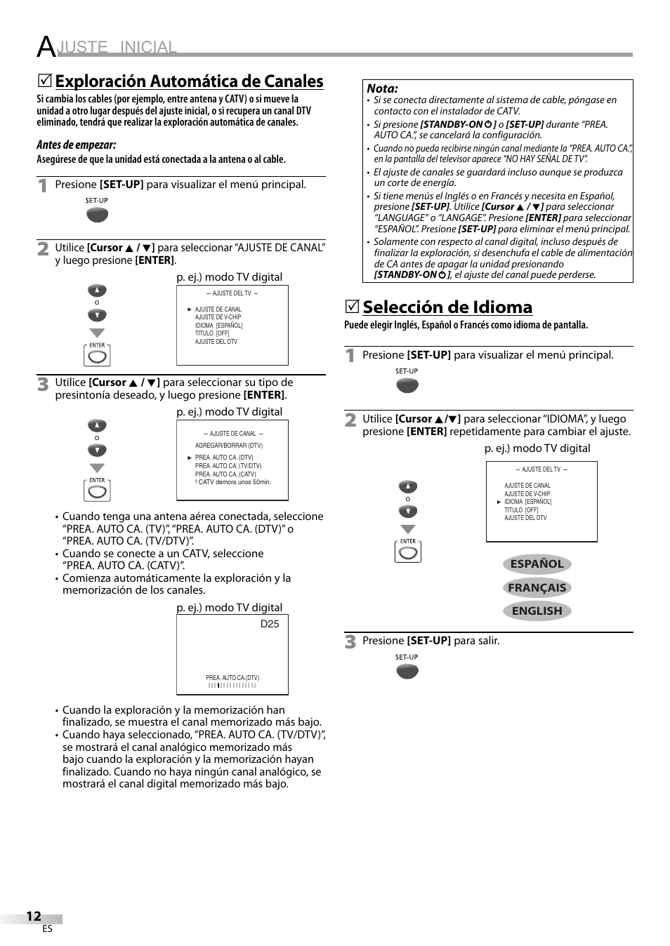 Juste inicial, Exploración automática de canales, Selección de idioma | Philips Magnavox sdtv CD130MW9 User Manual | Page 60 / 90