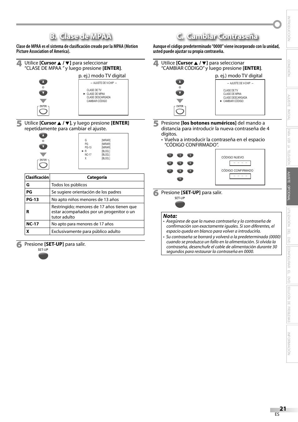 B. clase de mpaa, C. cambiar contraseña | Philips Magnavox sdtv CD130MW9 User Manual | Page 69 / 90