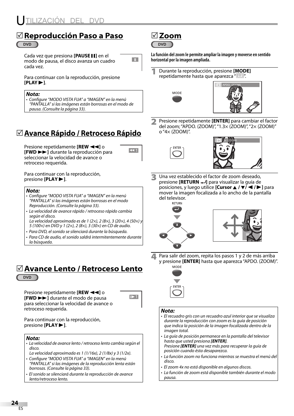 Tilización del dvd, Reproducción paso a paso, Avance rápido / retroceso rápido | Avance lento / retroceso lento, 5zoom | Philips Magnavox sdtv CD130MW9 User Manual | Page 72 / 90