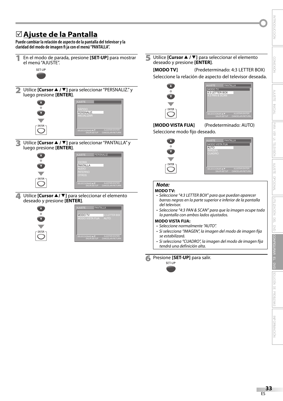 Ajuste de la pantalla, Nota, Presione [set-up] para salir | Philips Magnavox sdtv CD130MW9 User Manual | Page 81 / 90