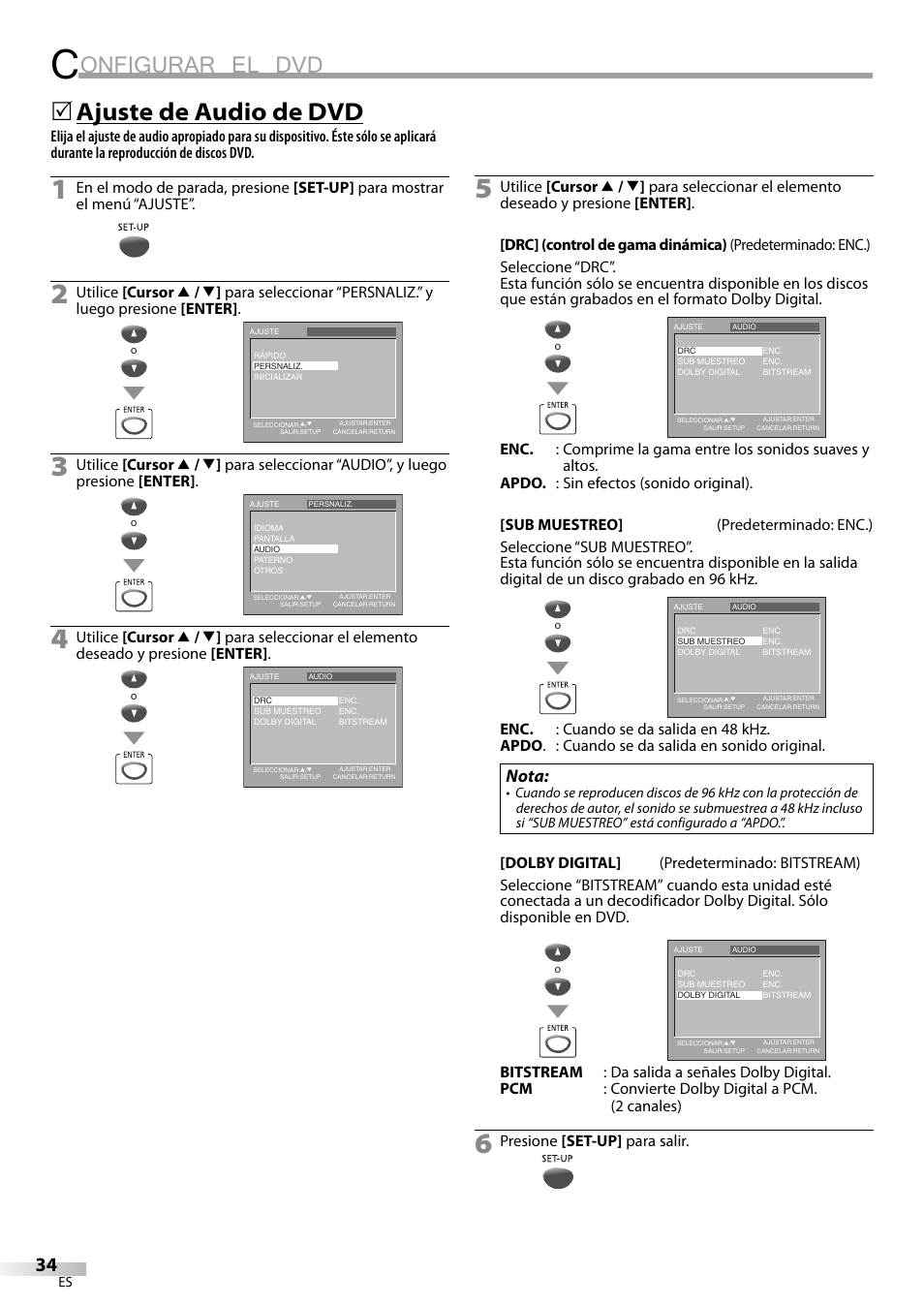 Onfigurar el dvd, Ajuste de audio de dvd, Nota | Presione [set-up] para salir | Philips Magnavox sdtv CD130MW9 User Manual | Page 82 / 90
