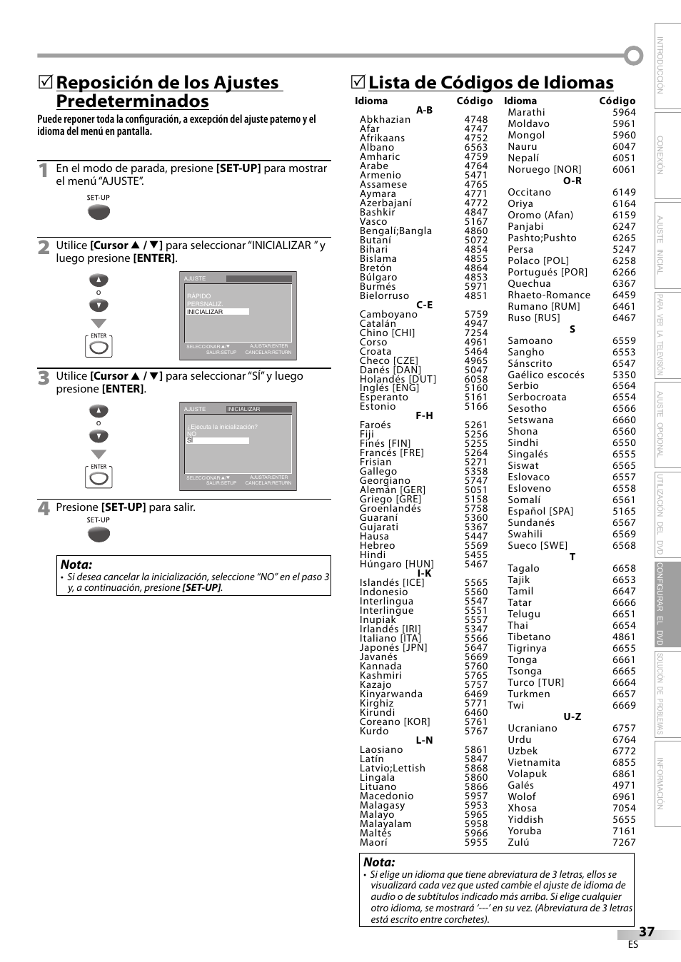 Reposición de los ajustes predeterminados, 5lista de códigos de idiomas, Nota | Philips Magnavox sdtv CD130MW9 User Manual | Page 85 / 90
