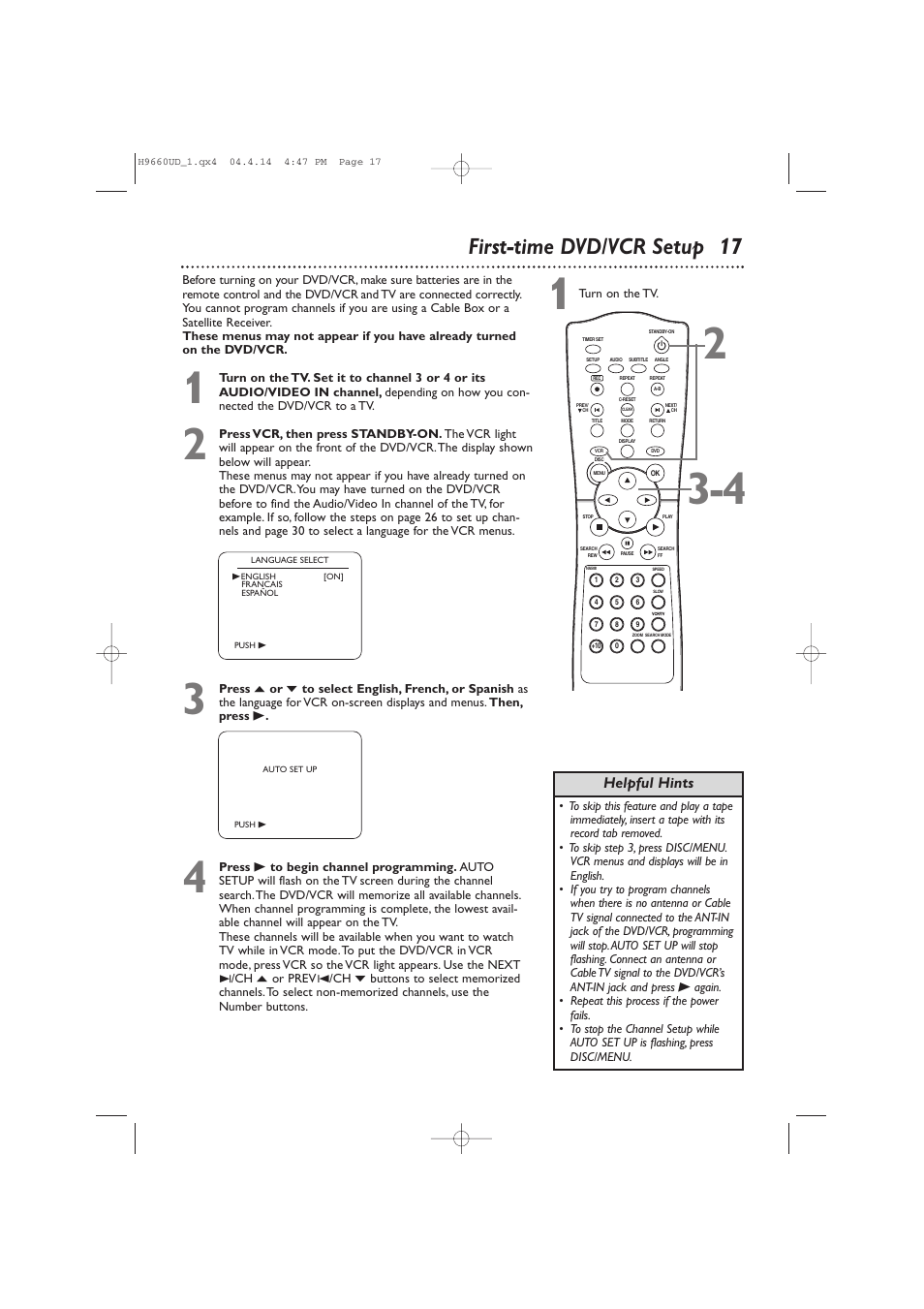 First-time dvd/vcr setup 17, Helpful hints | Philips Magnavox MDV540VR User Manual | Page 17 / 80