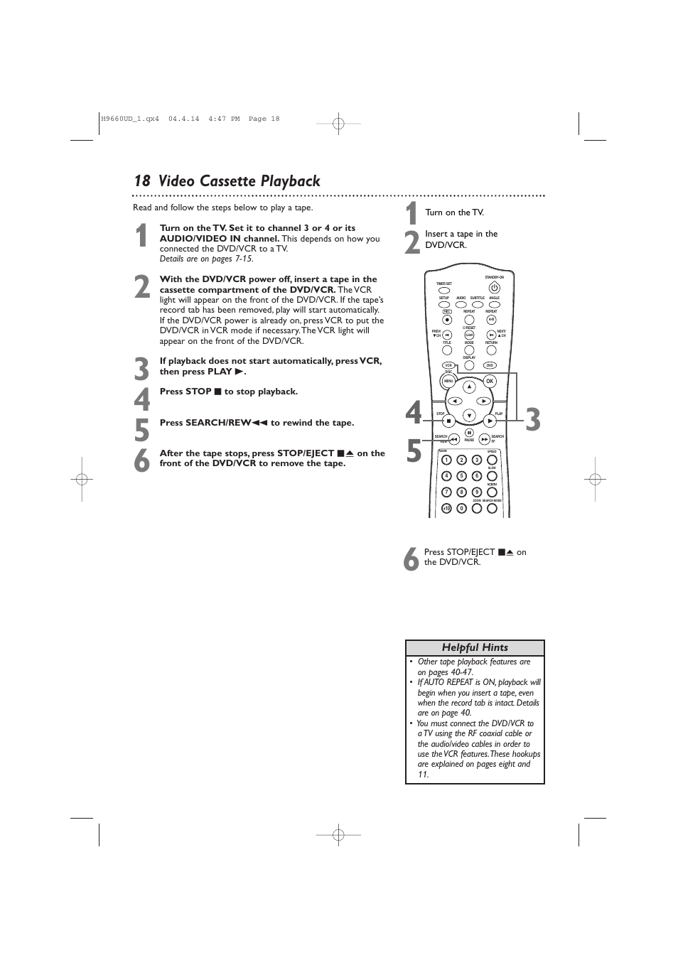 18 video cassette playback | Philips Magnavox MDV540VR User Manual | Page 18 / 80