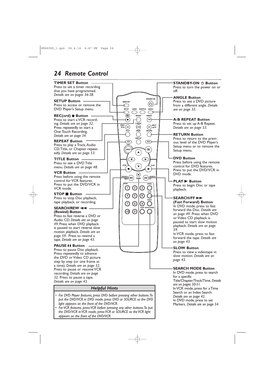 24 remote control, Helpful hints | Philips Magnavox MDV540VR User Manual | Page 24 / 80