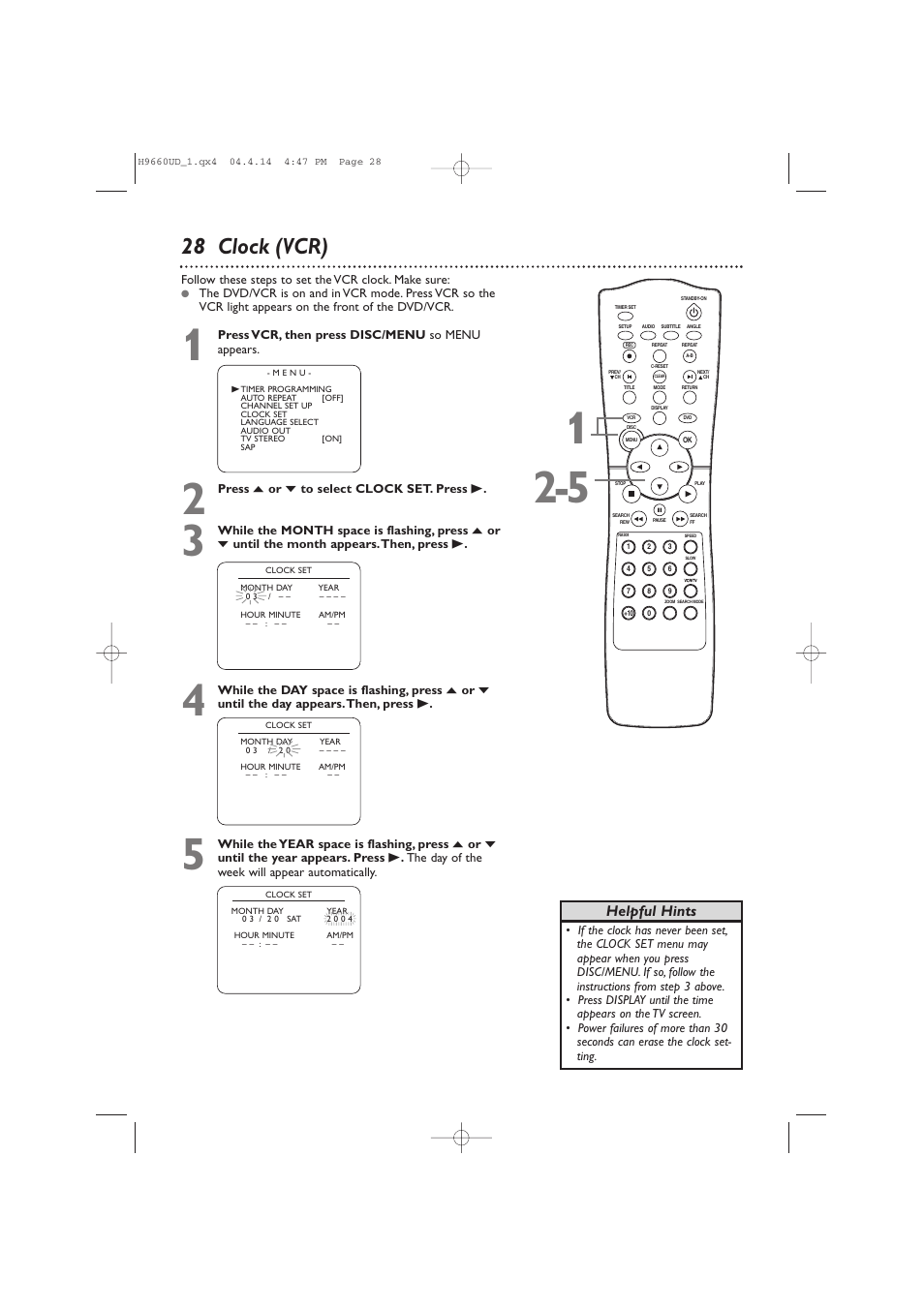 28 clock (vcr), Helpful hints | Philips Magnavox MDV540VR User Manual | Page 28 / 80