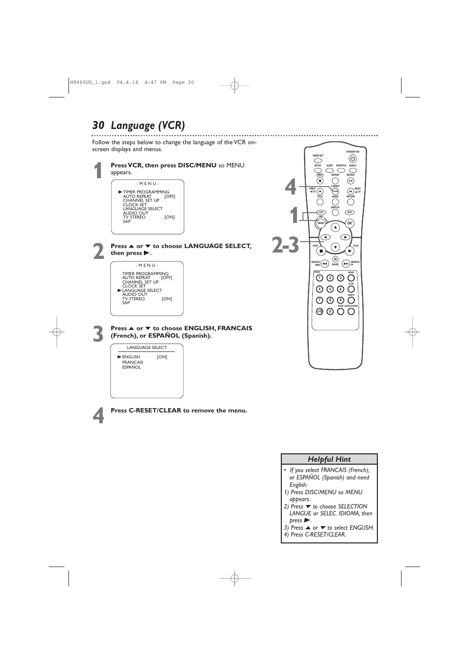 30 language (vcr), Helpful hint | Philips Magnavox MDV540VR User Manual | Page 30 / 80