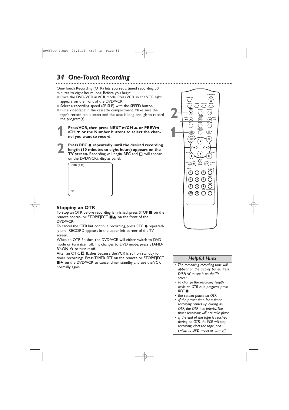 34 one-touch recording, Stopping an otr, Helpful hints | Philips Magnavox MDV540VR User Manual | Page 34 / 80
