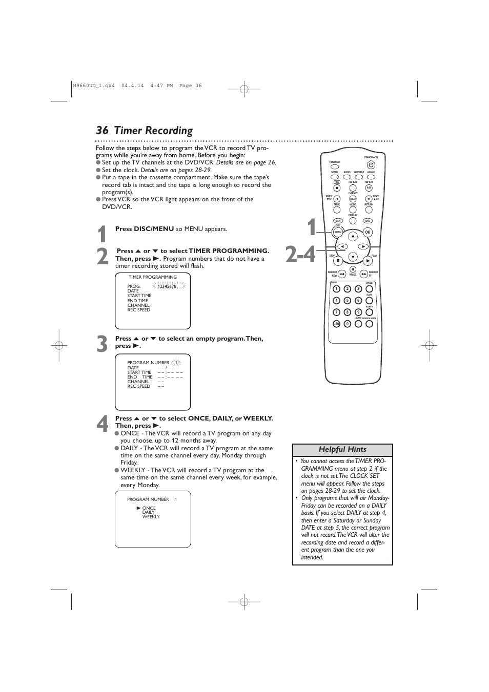 36 timer recording, Helpful hints | Philips Magnavox MDV540VR User Manual | Page 36 / 80
