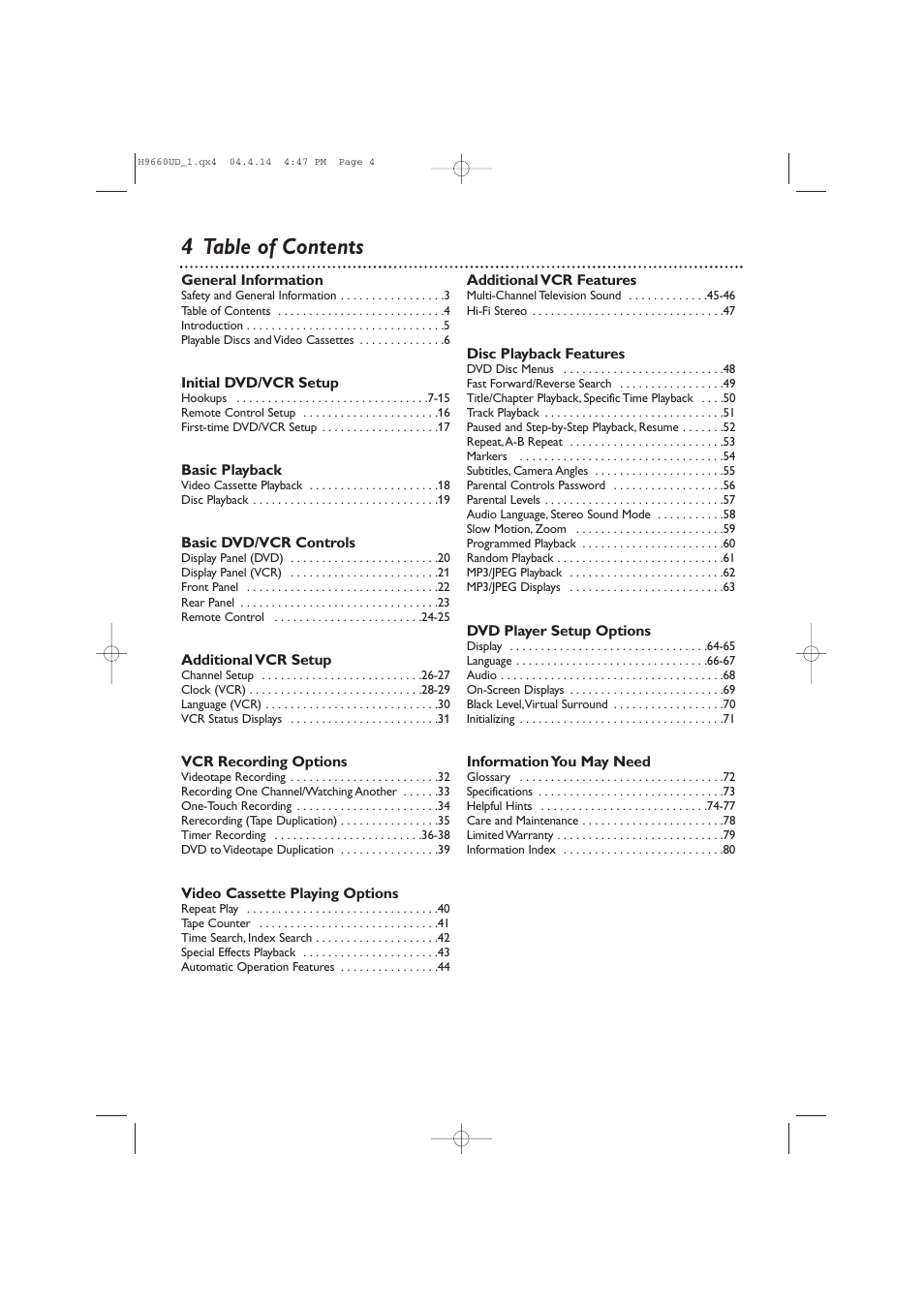 4 table of contents | Philips Magnavox MDV540VR User Manual | Page 4 / 80