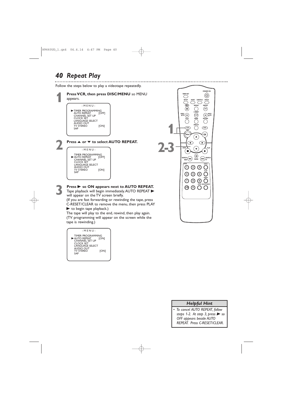 40 40 repeat play, Helpful hint | Philips Magnavox MDV540VR User Manual | Page 40 / 80