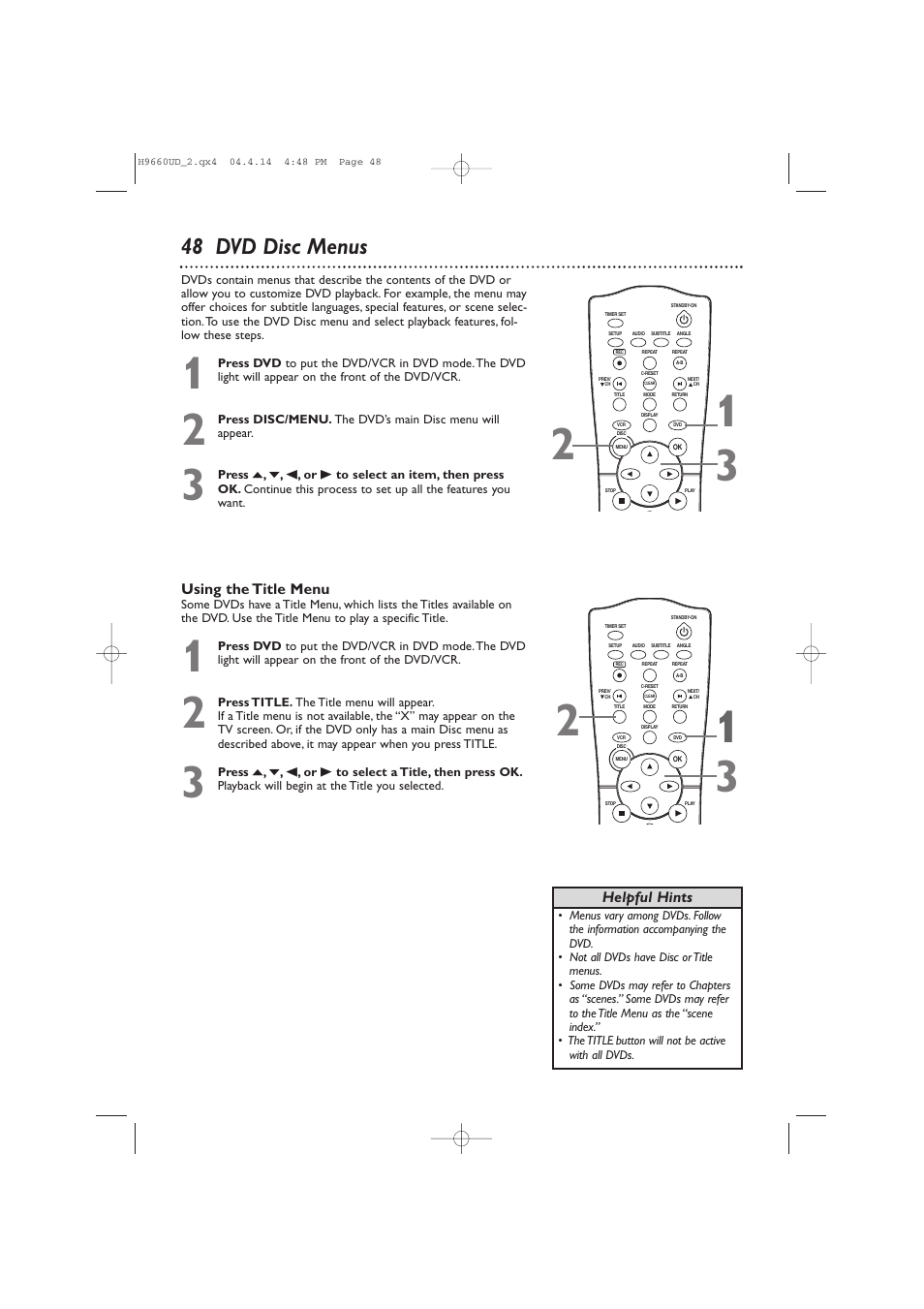 48 dvd disc menus | Philips Magnavox MDV540VR User Manual | Page 48 / 80