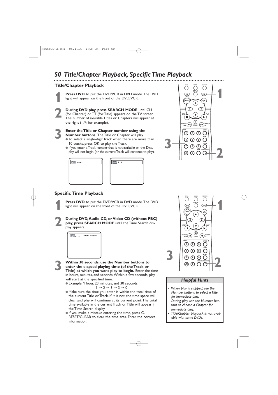 50 title/chapter playback, specific time playback | Philips Magnavox MDV540VR User Manual | Page 50 / 80