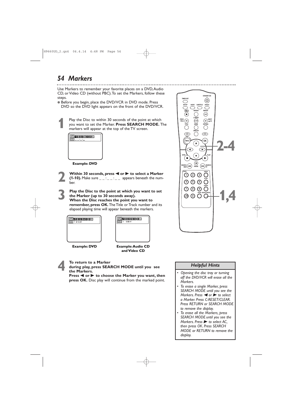 54 markers, Helpful hints | Philips Magnavox MDV540VR User Manual | Page 54 / 80