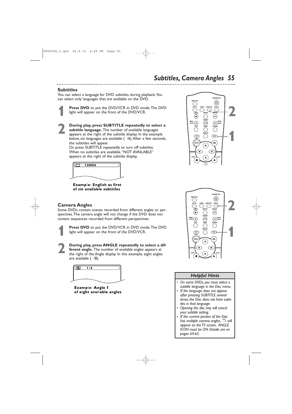 Subtitles, camera angles 55, Helpful hints subtitles, Camera angles | Philips Magnavox MDV540VR User Manual | Page 55 / 80