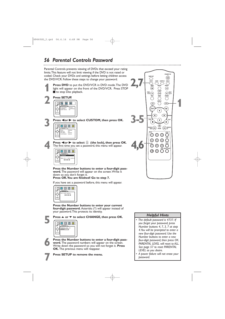 56 parental controls password, Helpful hints | Philips Magnavox MDV540VR User Manual | Page 56 / 80