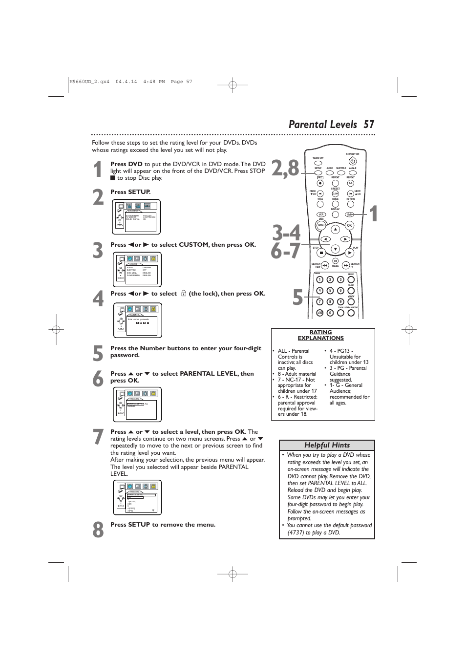 Parental levels 57, Helpful hints | Philips Magnavox MDV540VR User Manual | Page 57 / 80