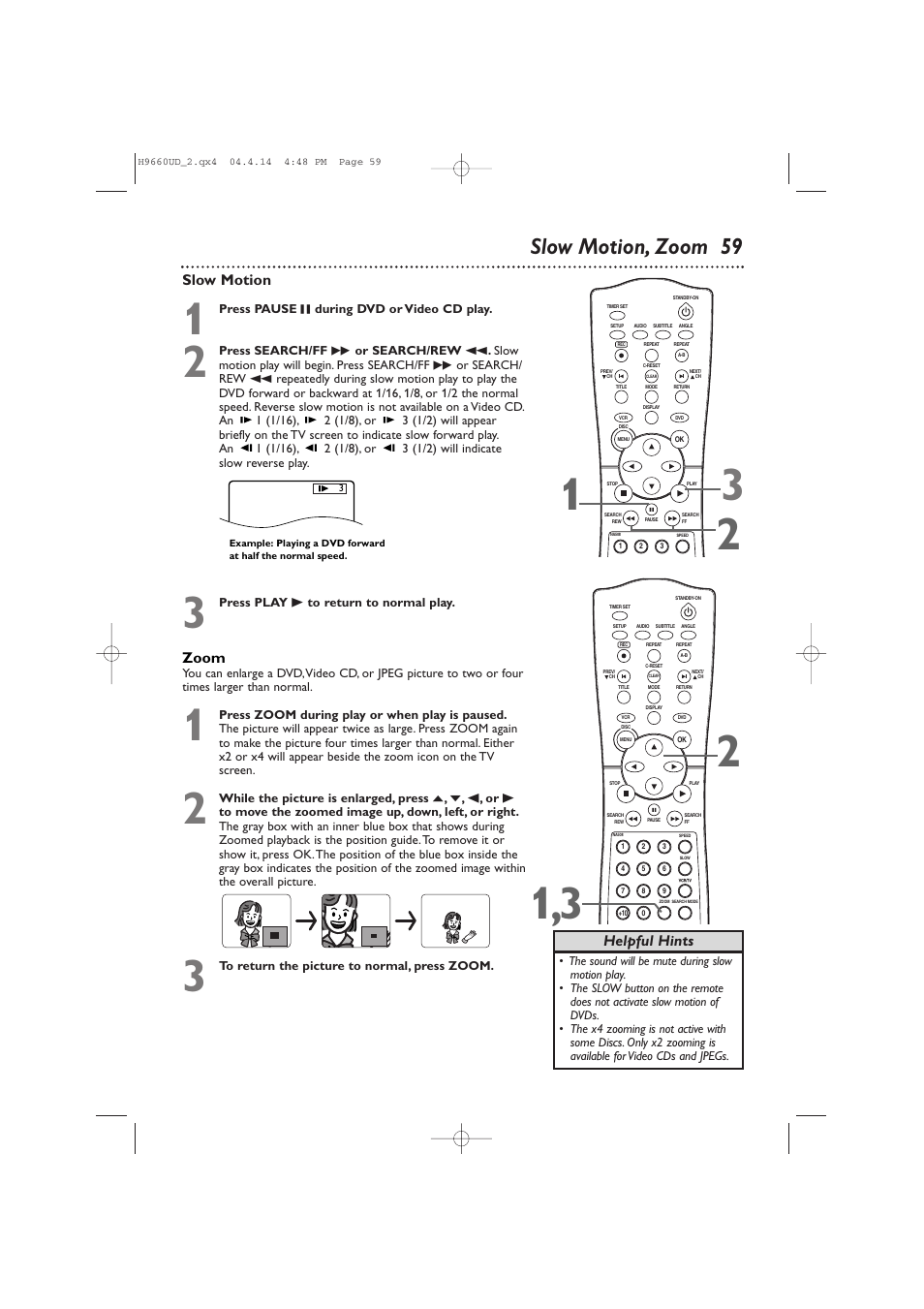 Slow motion, zoom 59, Helpful hints, Slow motion | Zoom | Philips Magnavox MDV540VR User Manual | Page 59 / 80