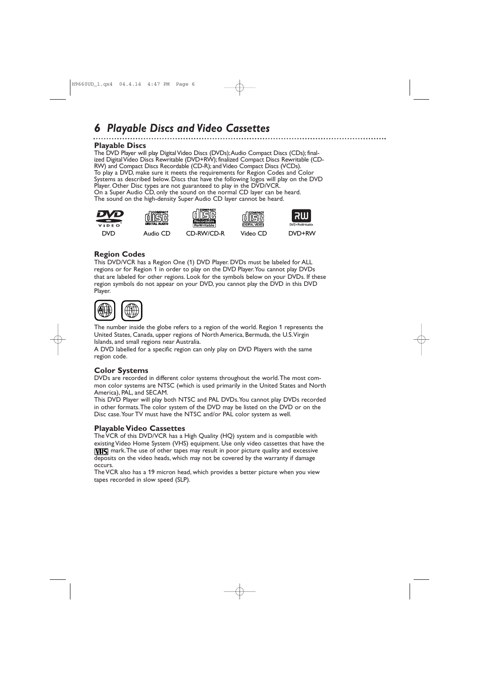 6 playable discs and video cassettes | Philips Magnavox MDV540VR User Manual | Page 6 / 80