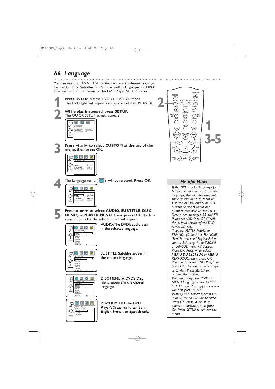 66 language, Helpful hints | Philips Magnavox MDV540VR User Manual | Page 66 / 80