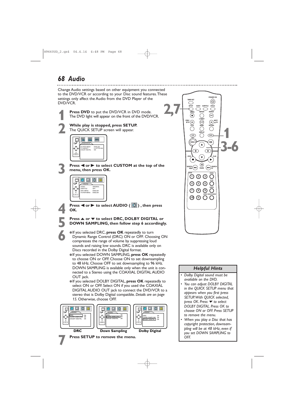 68 audio, Helpful hints | Philips Magnavox MDV540VR User Manual | Page 68 / 80