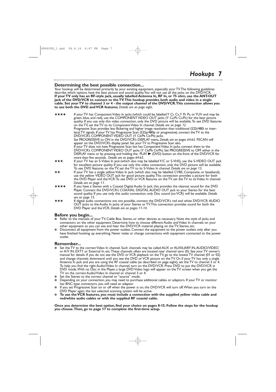 Hookups 7, Determining the best possible connection, Before you begin | Remember | Philips Magnavox MDV540VR User Manual | Page 7 / 80