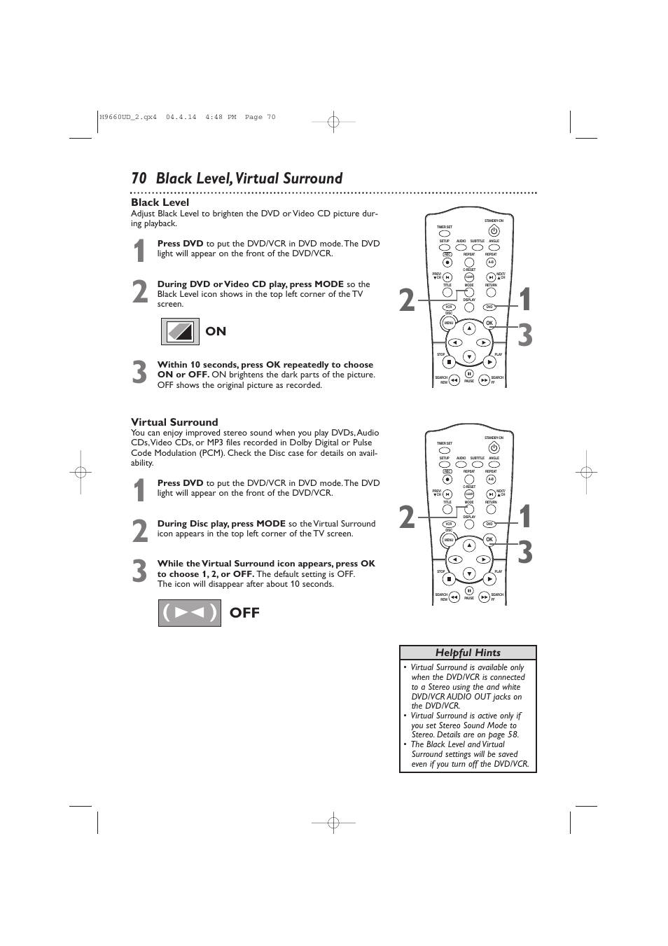 70 black level, virtual surround | Philips Magnavox MDV540VR User Manual | Page 70 / 80