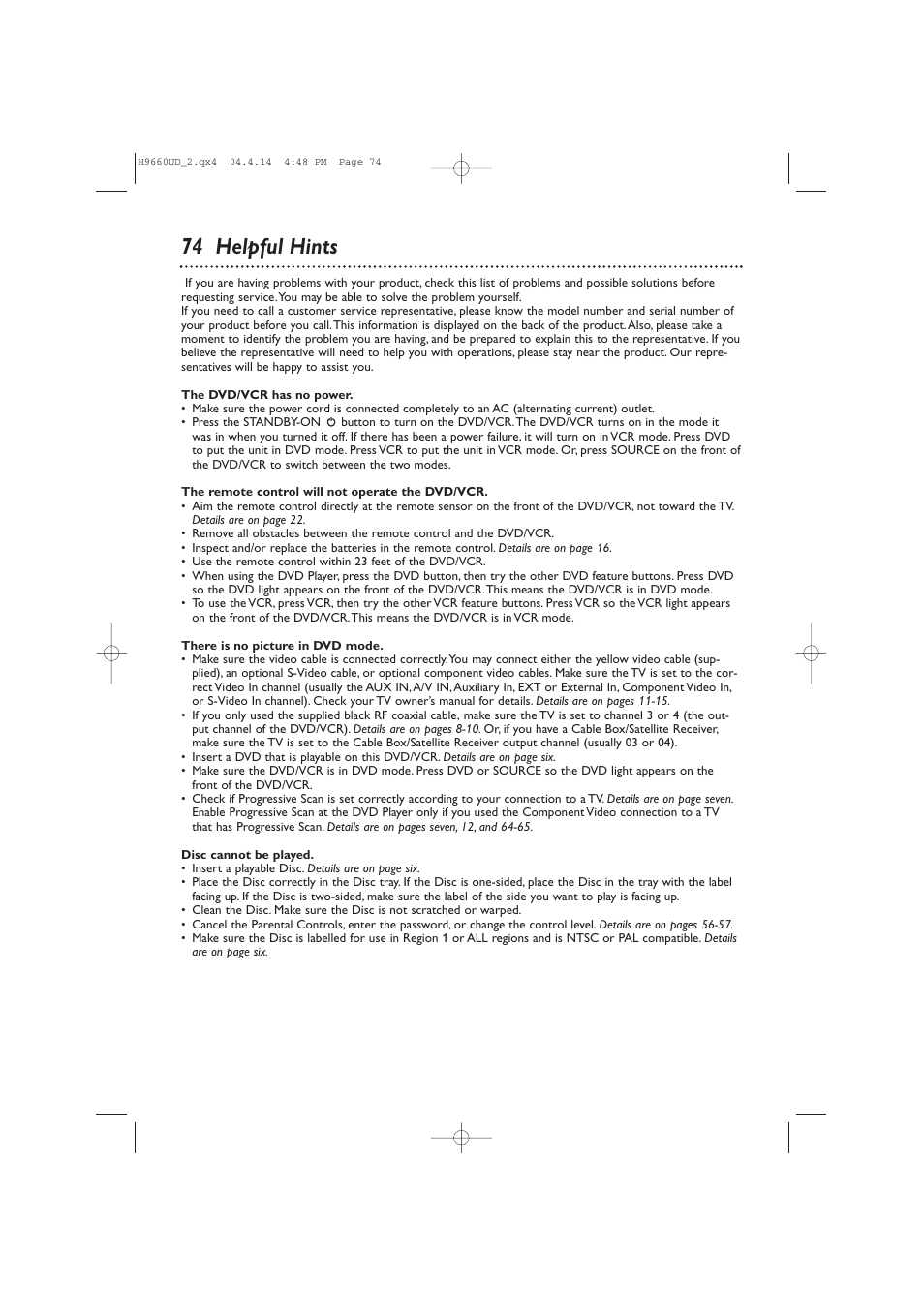 74 helpful hints | Philips Magnavox MDV540VR User Manual | Page 74 / 80