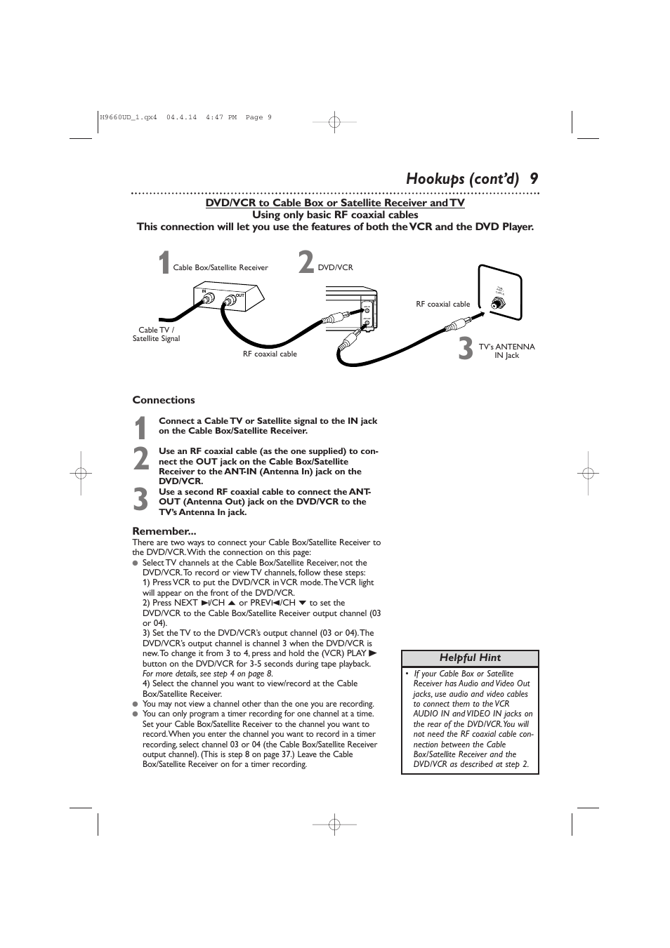 Hookups (cont’d) 9, Connections, Remember | Helpful hint | Philips Magnavox MDV540VR User Manual | Page 9 / 80