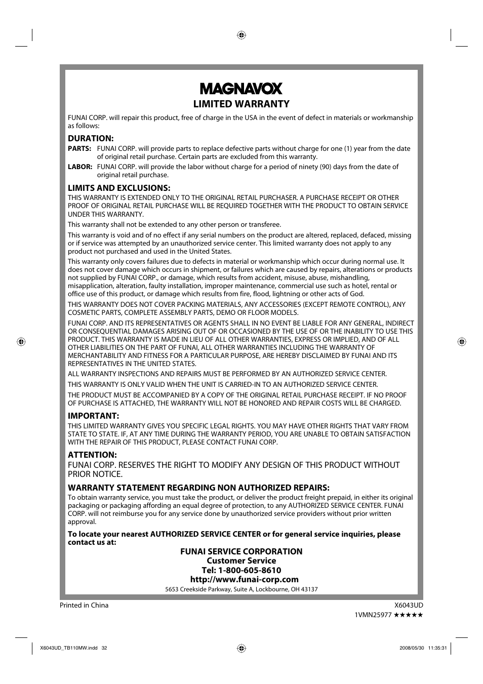 Limited warranty | Philips Magnavox TB110MW9 User Manual | Page 32 / 32